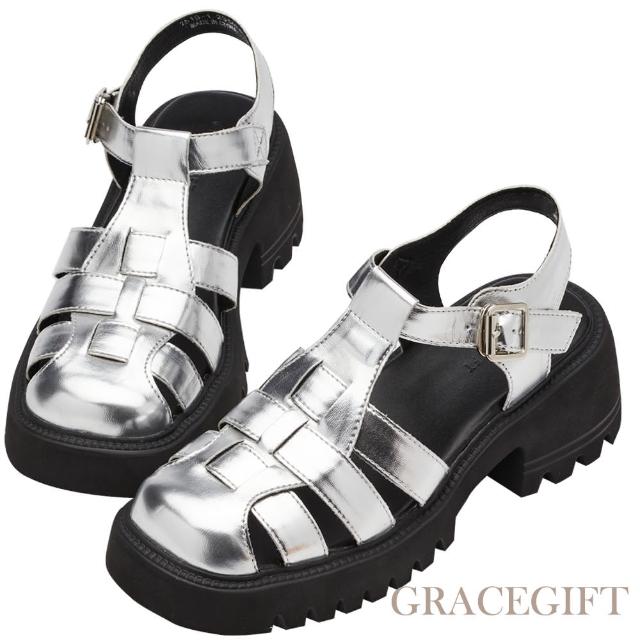 【Grace Gift】圓頭寬帶輕量厚底魚骨編織涼鞋(銀)