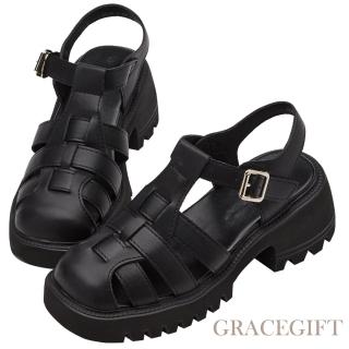 【Grace Gift】圓頭寬帶厚底魚骨編織涼鞋(黑)