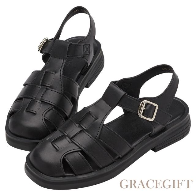 【Grace Gift】圓頭寬帶魚骨編織涼鞋(黑)