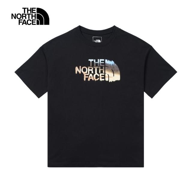 【The North Face】北面女款黑色純棉戶外印花結合品牌標誌寬鬆短袖T恤｜88GRJK3