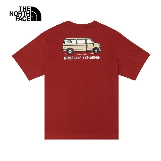【The North Face】北面男女款紅色純棉胸前趣味露營車印花寬鬆短袖T恤｜88GHPOJ