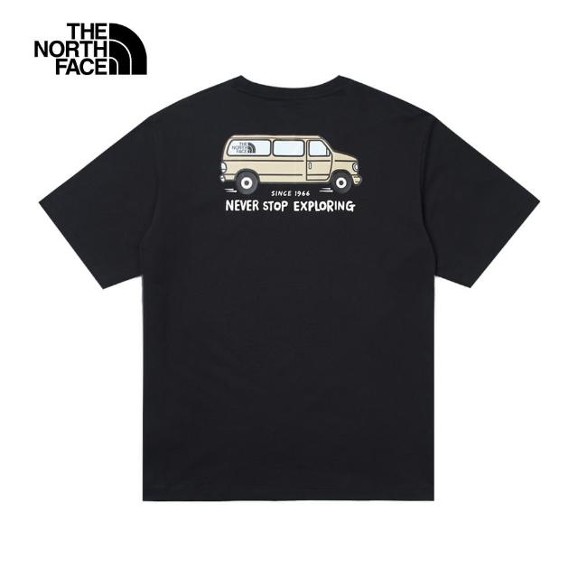 【The North Face】北面男女款黑色純棉胸前趣味露營車印花寬鬆短袖T恤｜88GHJK3