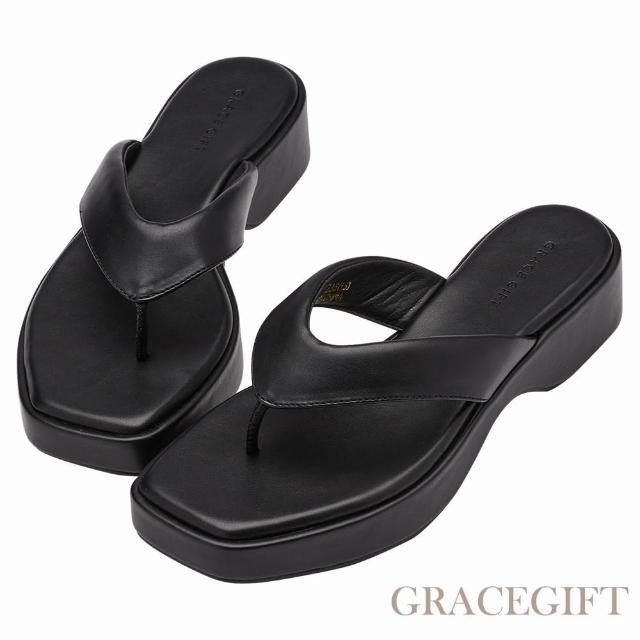 【Grace Gift】時尚方頭夾腳厚底拖鞋(黑)