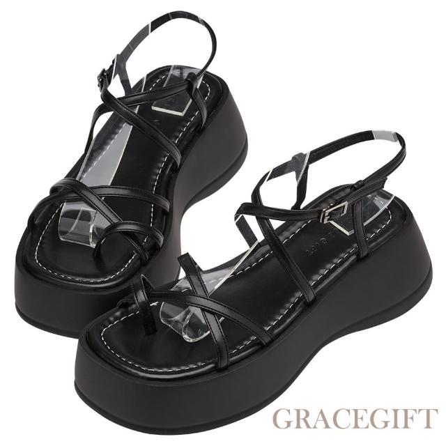 【Grace Gift】交叉細帶雪糕厚底涼鞋(黑)