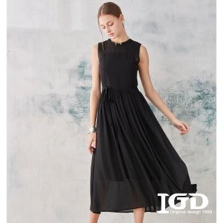 【IGD 英格麗】網路獨賣款-飄逸雪紡剪接綁帶洋裝(黑色)