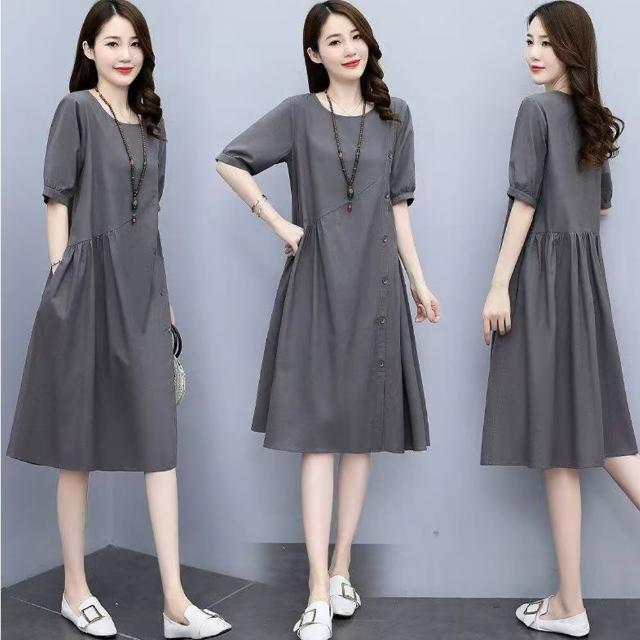 【JC Collection】洋裝氣質棉麻寬鬆顯瘦連衣裙(藍色、灰色)