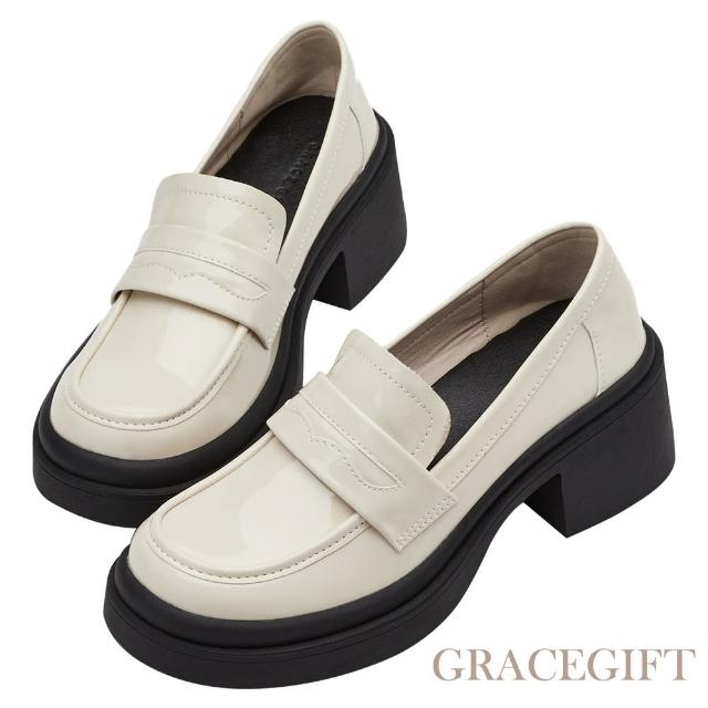 【Grace Gift】英倫甜心厚底中跟樂福鞋(米漆)