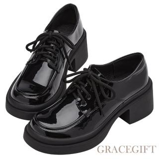 【Grace Gift】英倫甜心厚底中跟德比鞋(黑漆)