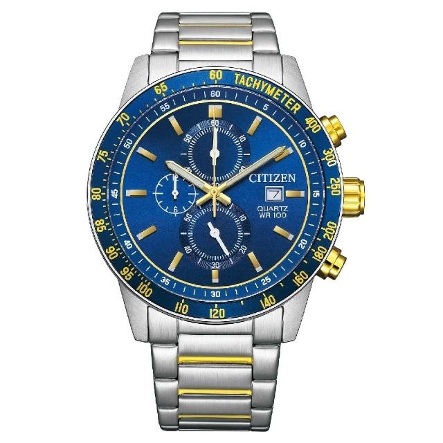 【CITIZEN 星辰】碼錶計時都會時尚不鏽鋼腕錶 藍 44mm(AN3684-59L)