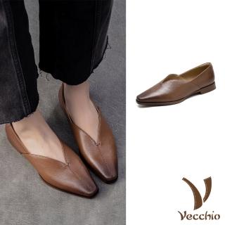 【Vecchio】真皮跟鞋 尖頭跟鞋/真皮羊皮復古尖頭V口低跟鞋(棕)