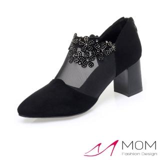 【MOM】真皮踝靴 高跟踝靴/真皮絨面網紗花朵燙鑽造型高跟踝靴(黑)