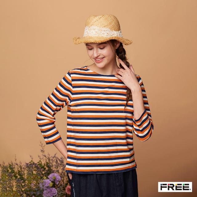 【FREE】純棉彩條小船領七分袖上衣(亮橙)