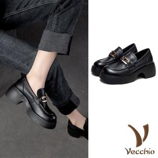 【Vecchio】真皮樂福鞋 厚底樂福鞋/全真皮頭層牛皮舒適寬楦金屬釦飾粗跟厚底樂福鞋(黑)