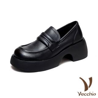 【Vecchio】真皮樂福鞋 厚底樂福鞋/全真皮頭層牛皮寬楦舒適厚底粗跟復古樂福鞋(黑)