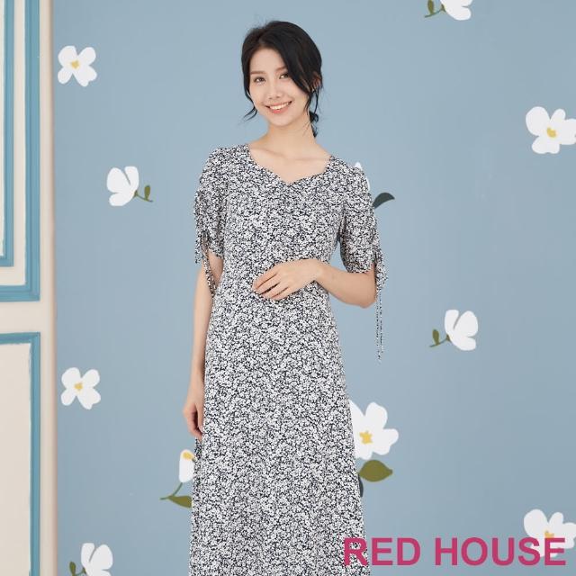 【RED HOUSE 蕾赫斯】秀氣袖抽繩小碎花洋裝(深藍色)