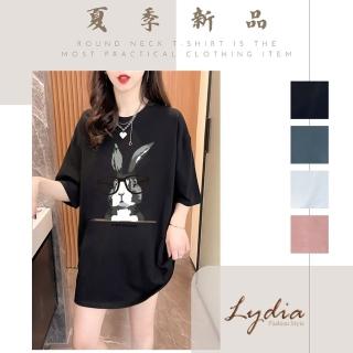 【Lydia】現貨 短袖上衣 only size寬鬆T恤 可愛眼鏡兔兔燙印設計(灰藍色、粉橘色、黑色、白色)