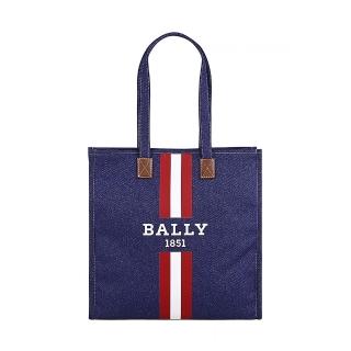 【BALLY】BALLY CRYSTALIA NCS字母印花LOGO條紋設計牛仔帆布磁吸式肩背包(牛仔藍)