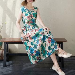 【JC Collection】洋裝舒適細柔棉麻寬鬆浪漫花紋無袖連衣裙(藍色、綠色、紅色)
