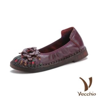 【Vecchio】真皮跟鞋 牛皮跟鞋/真皮頭層牛皮民族風印花立體花朵小圓頭軟底跟鞋(紫)