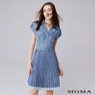 【MOMA】休閒仿真牛仔壓褶洋裝(淺藍色)