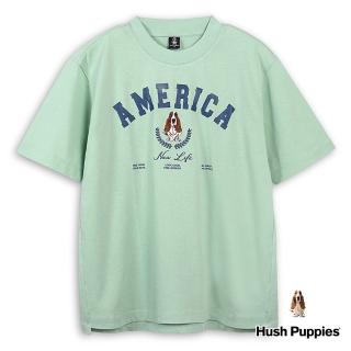 【Hush Puppies】男裝 上衣 經典品牌印花刺繡狗寬鬆落肩小立領上衣(淺綠 / 43110111)