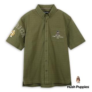 【Hush Puppies】男裝 襯衫 經典品牌英文毛巾繡漁夫帽狗寬版短袖襯衫(軍綠 / 43112110)