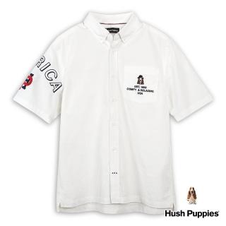 【Hush Puppies】男裝 襯衫 經典品牌英文毛巾繡漁夫帽狗寬版短袖襯衫(米白 / 43112110)
