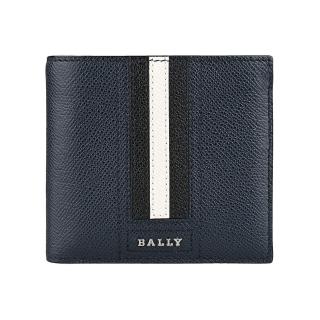 【BALLY】BALLY TEVYE銀字金屬LOGO直條紋設計防刮牛皮6卡對折男士短夾(深藍x黑白條紋)