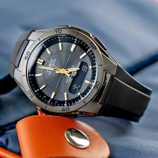 【CASIO 卡西歐】日本限定 潮流時尚太陽能雙顯電波橡膠腕錶/黑x黃指針(WVA-M640B-1A2)