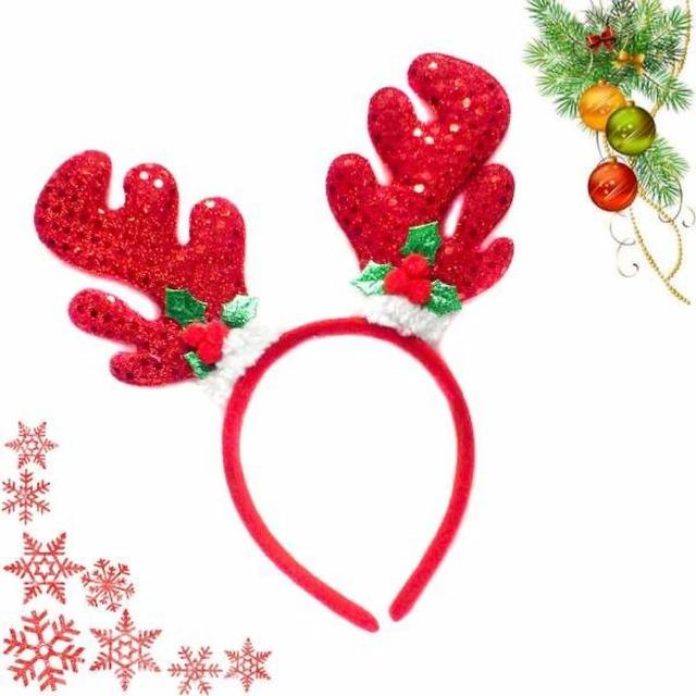 【交換禮物】摩達客-亮片鹿角聖誕葉髮箍(紅色)
