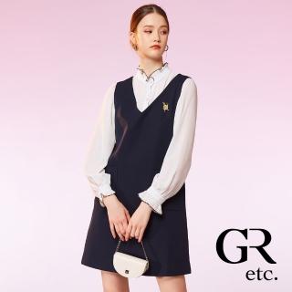 【GLORY21】網路獨賣款-etc.花邊雪紡襯衫外搭雙口袋直筒洋裝/連身裙(深藍色)