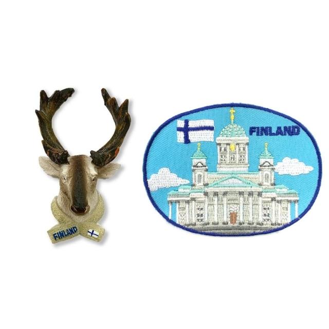 【A-ONE 匯旺】芬蘭馴鹿頭可愛磁鐵+芬蘭 白教堂布藝徽章2件組可愛磁鐵 卡通磁鐵(C219+346)