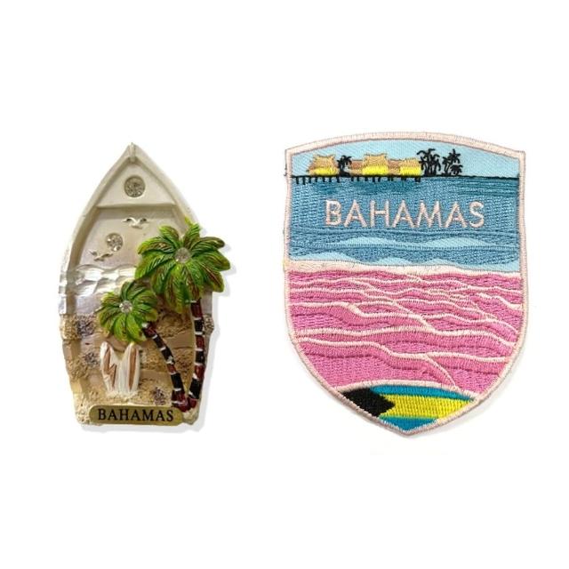 【A-ONE 匯旺】巴哈馬小船創意地標磁鐵+巴哈馬粉紅海灘布標2件組大門磁鐵 冰箱磁 彩色磁鐵(C143+290)