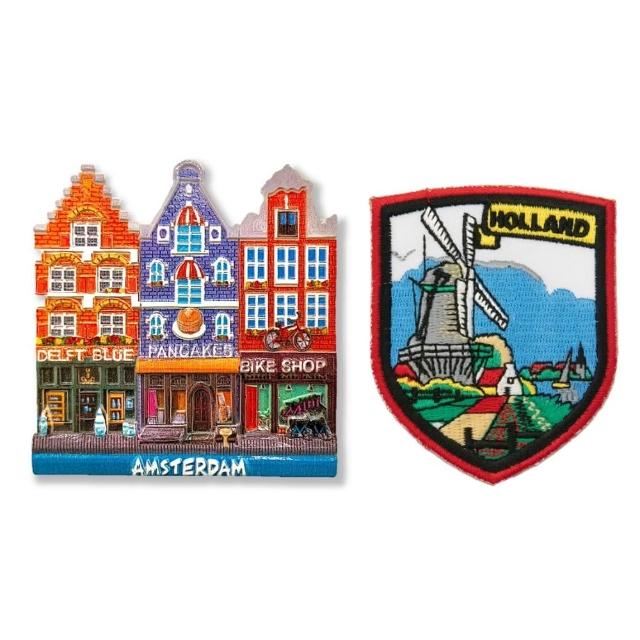 【A-ONE 匯旺】荷蘭彩色房屋造型立體磁鐵+風車外套貼布2件組吸鐵紀念品 補習班黑板磁鐵(C230+91)