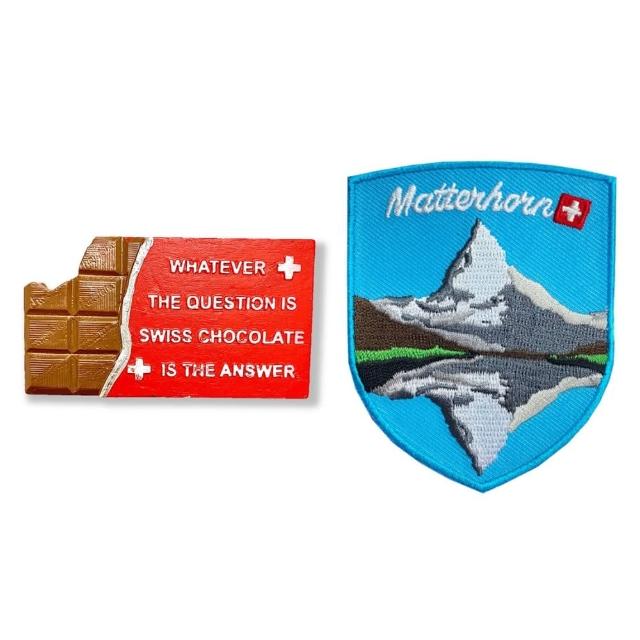 【A-ONE 匯旺】瑞士巧克力療癒磁鐵+瑞士 馬特洪峰 湖倒影造型燙布貼2件組伴手禮物 出國紀念磁鐵(C19+192)