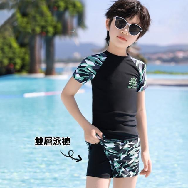 【泳衣果】泳衣泳裝麥綠3-5L二件式大童兒童短袖+短褲