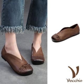 【Vecchio】真皮便鞋 低跟便鞋/全真皮頭層牛皮手工縫線拼接V口舒適低跟便鞋(棕)