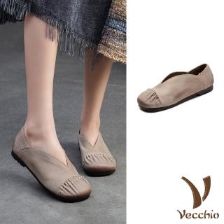 【Vecchio】真皮便鞋 低跟便鞋/全真皮頭層牛皮手工縫線拼接V口舒適低跟便鞋(米)