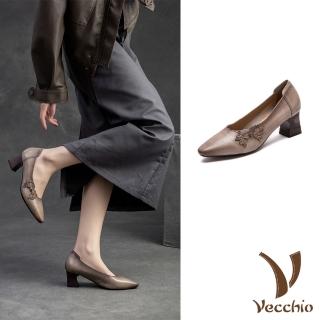 【Vecchio】真皮跟鞋 尖頭跟鞋/全真皮頭層牛皮復古盤釦尖頭高跟鞋(卡其)