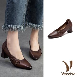 【Vecchio】真皮跟鞋 尖頭跟鞋/全真皮頭層牛皮復古盤釦尖頭高跟鞋(棕)