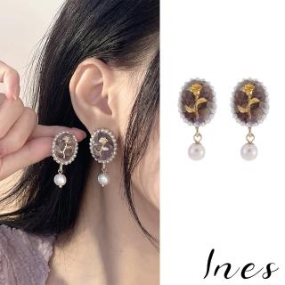 【INES】韓國設計優雅紫晶寶石浪漫珍珠夾式耳環(無耳洞耳環 耳夾 夾式耳環 寶石耳環 珍珠耳環)