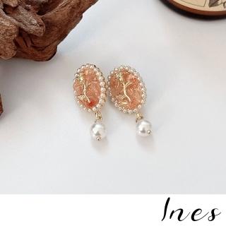 【INES】韓國設計優雅粉晶寶石浪漫珍珠夾式耳環(無耳洞耳環 耳夾 夾式耳環 寶石耳環 珍珠耳環)