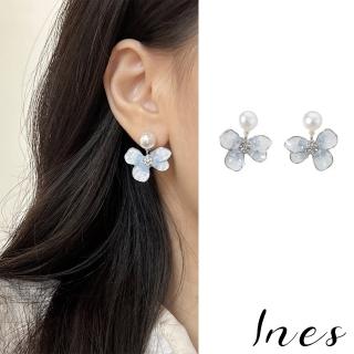 【INES】韓國設計清新水晶花朵浪漫珍珠夾式耳環(無耳洞耳環 耳夾 夾式耳環 花朵耳環 珍珠耳環)