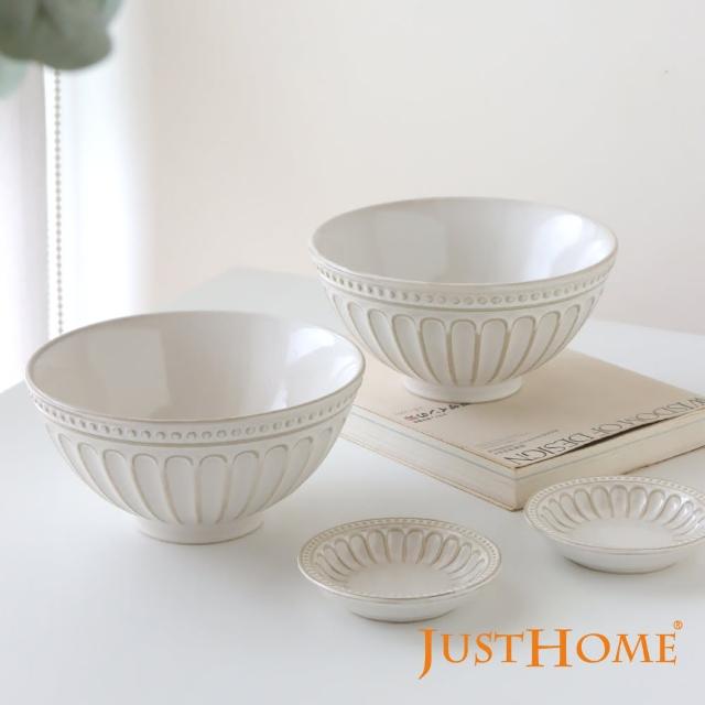 【Just Home】霧白輕奢條紋陶瓷6.5吋麵碗+調味碟4件組(碗 麵碗 湯碗 拉麵碗)