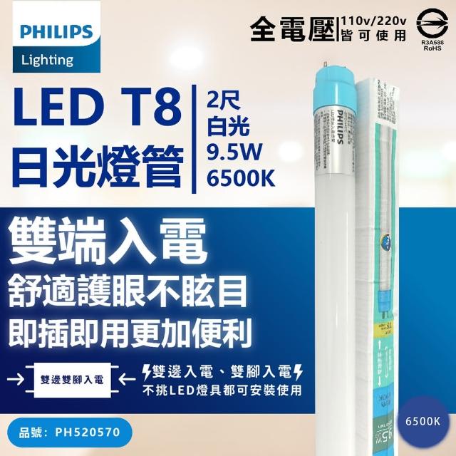【Philips 飛利浦】6支 LED T8 2尺 9.5W 865 白光 全電壓 雙端入電 LED日光燈管