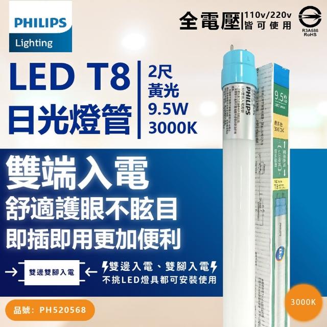 【Philips 飛利浦】6支 LED T8 2尺 9.5W 830 黃光 全電壓 雙端入電 LED日光燈管