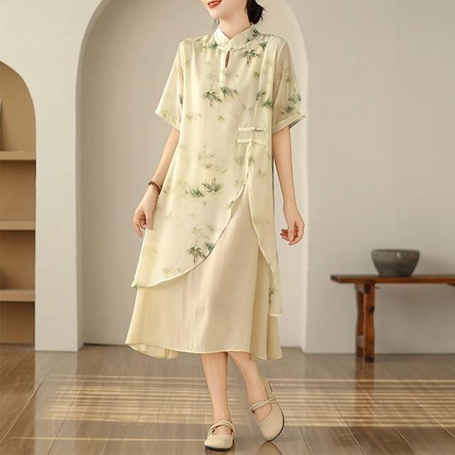 【K.W.】型-雙層工藝雪紡絲不規則中式洋裝(2色選一)