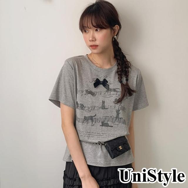 【UniStyle】圓領短袖T恤 韓版蝴蝶結貓咪琴譜印花上衣 女 EAW959A(淺灰)