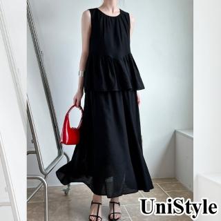 【UniStyle】2件套裝後無袖背心娃娃裝上衣半身裙 韓版鬆弛感天絲輕薄 女 UV3231(高級黑)