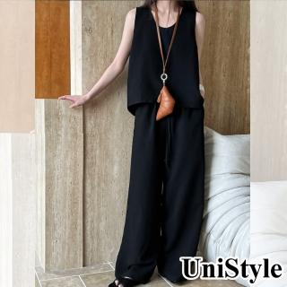【UniStyle】2件套裝後開叉無袖背心闊腿長褲 韓版歐妮風 女 UV7075(黑)